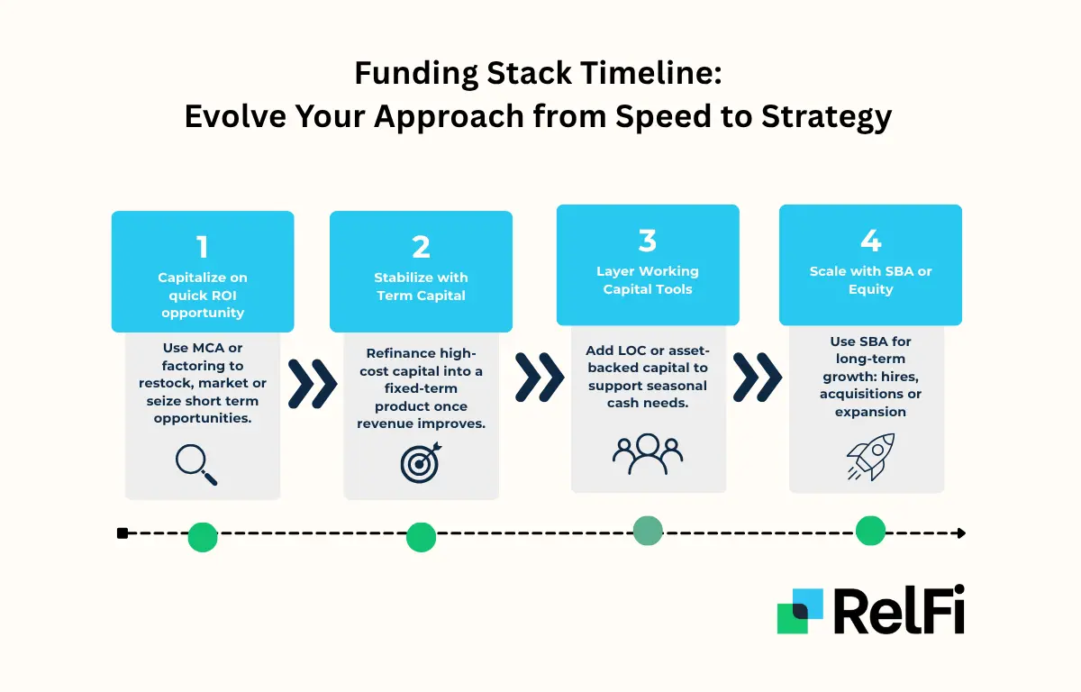 Step-by-step timeline showing how small businesses evolve from short-term funding to long-term capital strategy, including MCA, term loans, LOCs, and SBA financing.